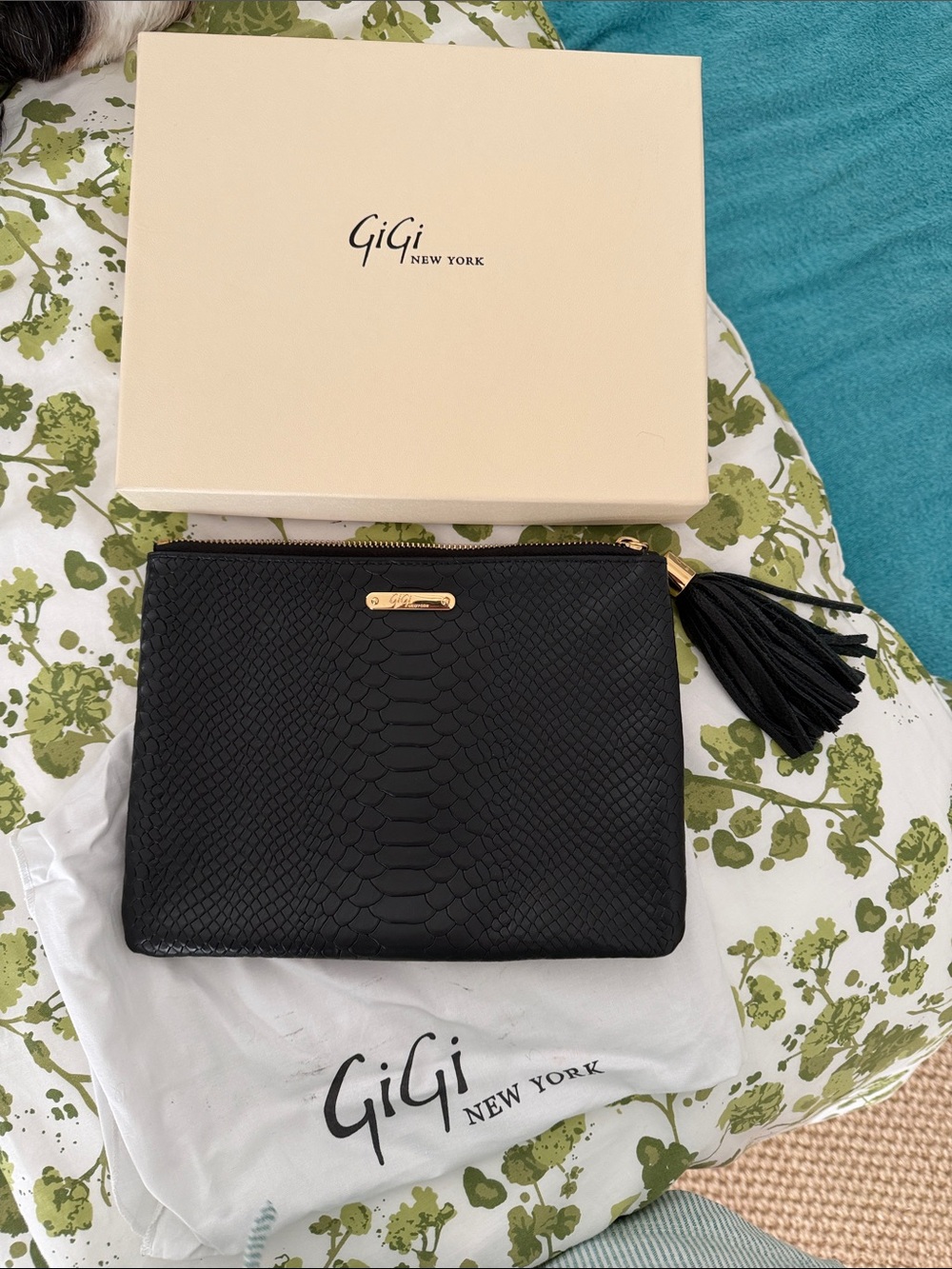 GiGi New York Black Python-Embossed Leather pouch with Tassel